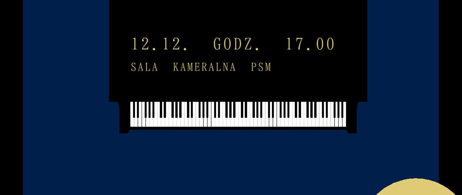 Na niebieskim tle plakatu znajduje się czarna grafika fortepianu, w której umieszczono biały tekst: "Koncert uczniów klasy fortepianu Anny Kask". Pod spodem widnieje informacja o dacie i godzinie koncertu. U dołu fortepianu widać stylizowaną klawiaturę, a w tle znajdują się trzy złote, ozdobne koła".