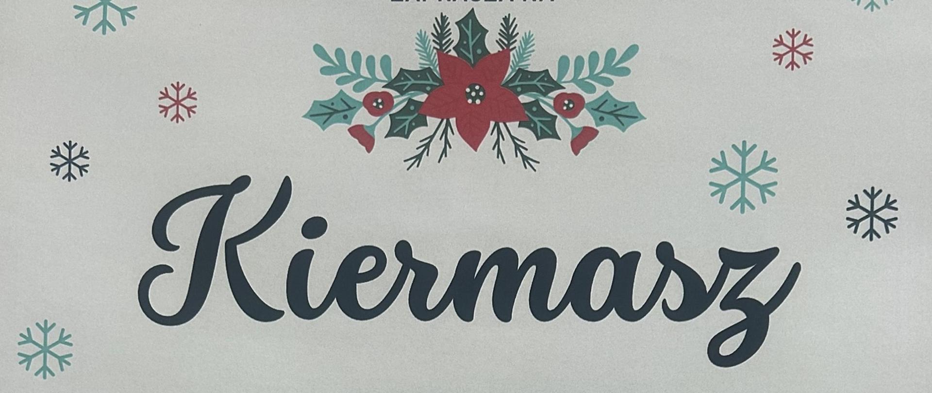 granatowy napis KIermasz otoczony śnieżynkami w różnych kolorach na białym tle, zwieńczony gwiazdą betlejemską