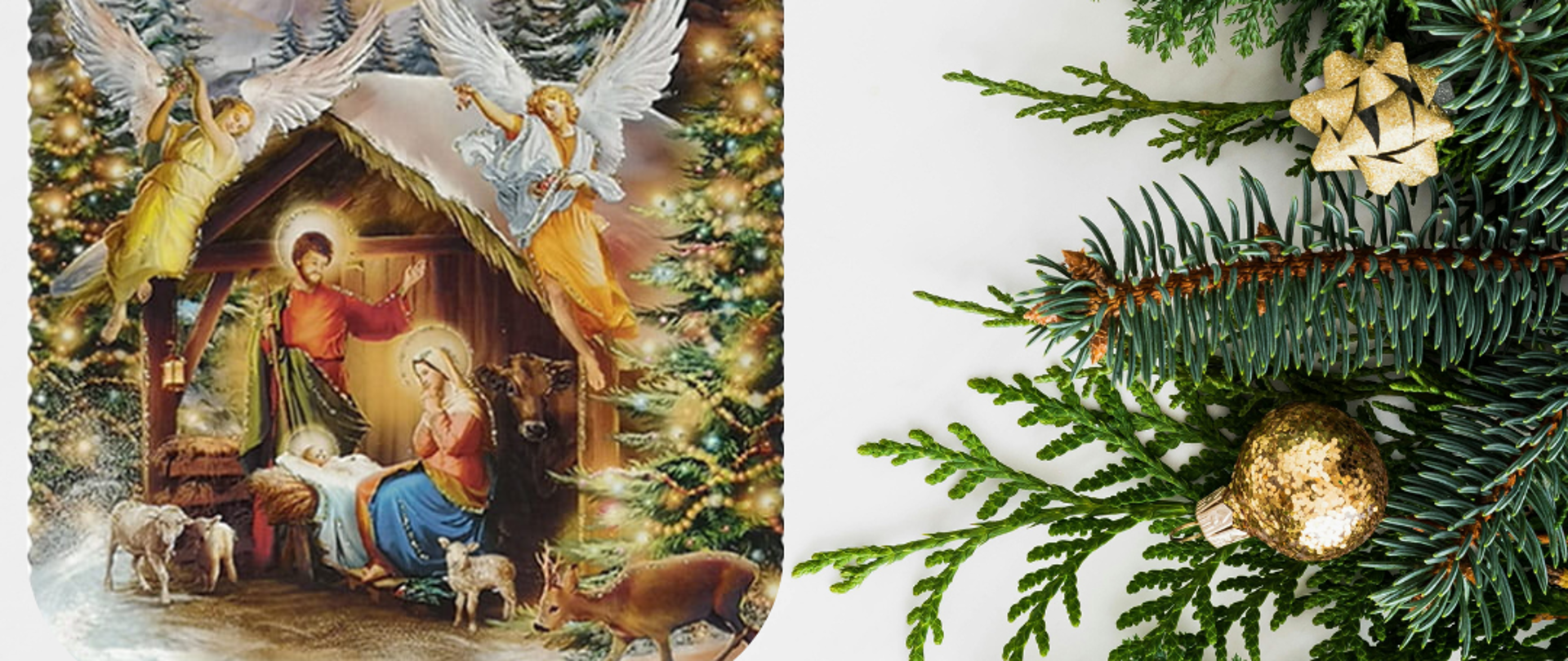 Świąteczna grafika z gałązkami choinki ozdobionymi złotymi bombkami i czerwoną kokardą po prawej stronie. Po lewej stronie znajduje się tekst z życzeniami bożonarodzeniowymi oraz podpis „Państwowy Powiatowy Inspektor Sanitarny w Siemiatyczach oraz pracownicy”. W dolnej części widoczna jest ilustracja przedstawiająca scenę Bożego Narodzenia z Maryją, Józefem, Dzieciątkiem Jezus, aniołami i zwierzętami w stajence. Całość utrzymana w spokojnej, świątecznej stylistyce.