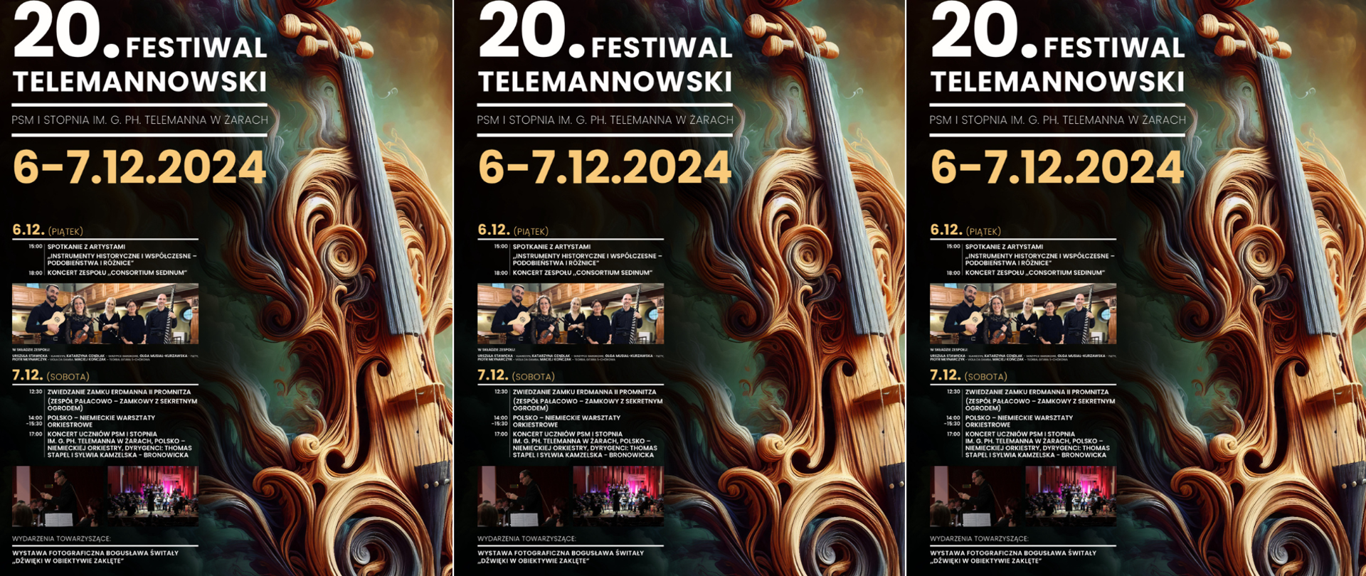 Plakat przedstawia zapowiedź 20. Festiwalu Telemannowskiego, który odbędzie się w dniach 6-7 grudnia 2024 roku w Państwowej Szkole Muzycznej I Stopnia im. G. Ph. Telemanna w Żarach. Tło plakatu zdobi abstrakcyjna, artystyczna ilustracja przedstawiająca stylizowane skrzypce w ciepłych kolorach.
Szczegóły wydarzeń:
6 grudnia 2024 (piątek)
15:00 - Spotkanie z artystami pt. „Instrumenty historyczne i współczesne – podobieństwa i różnice”.
18:00 - Koncert zespołu „Consortium Sedinum”.
W skład zespołu wchodzą m.in.: Katarzyna Ceglecka (sopran), Paulina Kusa (flet traverso), Tomasz Wesołowski (klawesyn), oraz Olga Musiał-Krzeszowiec (skrzypce barokowe).
7 grudnia 2024 (sobota)
12:30 - Zwiedzanie Zamku Erdmanna II Promnitza (Zespół Pałacowo-Zamkowy z Sekretnym Ogrodem).
14:00 - Polsko-niemieckie warsztaty orkiestrowe.
17:00 - Koncert uczniów PSM I Stopnia im. G. Ph. Telemanna w Żarach oraz polsko-niemieckiej orkiestry pod dyrekcją Thomasa Stapela i Sylwii Kamelskiej-Bronowickiej.
Wydarzenia towarzyszące:
Wystawa fotograficzna Bogusława Świtały: „Dźwięki w obiektywie zaklęte”.
Styl i charakter:
Plakat utrzymany jest w eleganckiej, artystycznej estetyce, idealnie odzwierciedlając charakter muzycznego wydarzenia o klasycznym i historycznym wymiarze. Kolory i motyw muzyczny podkreślają związek z muzyką barokową i twórczością Telemanna.