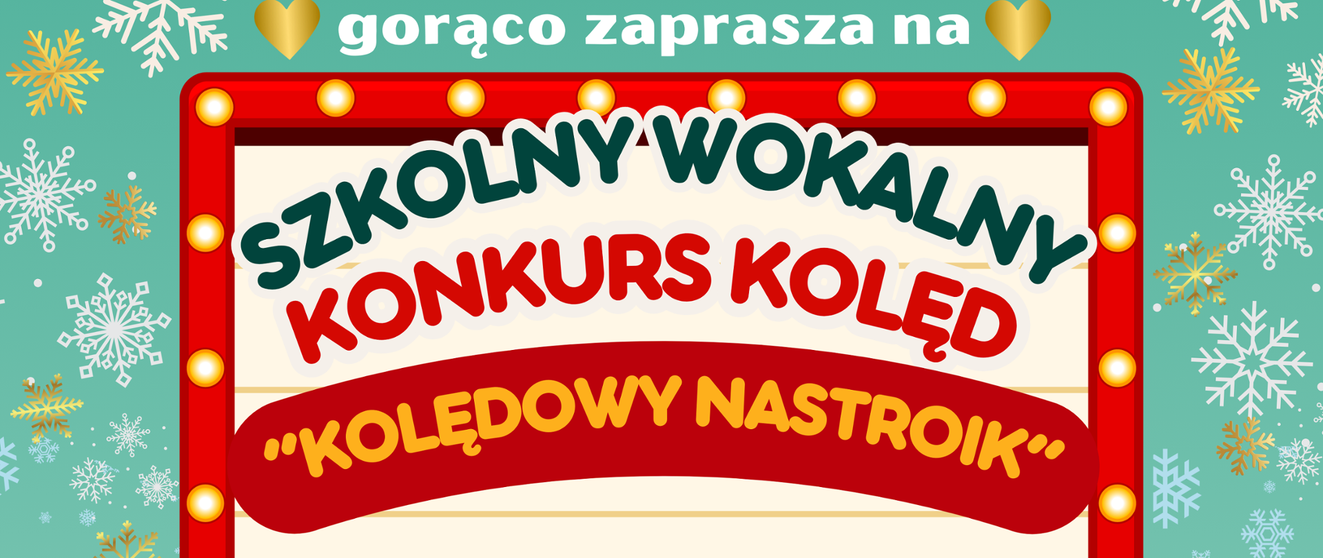 Plakat utrzymany jest w zimowej, świątecznej stylistyce z zielonym tłem, śnieżynkami i ilustracjami roześmianych postaci – dwóch dzieci oraz bałwanka wspólnie śpiewających – a na środku widnieje efektowna tablica świetlna z napisem „Szkolny Wokalny Konkurs Kolęd: Kolędowy Nastroik”. Zamieszczone na niej informacje głoszą, że Samorząd Uczniowski przy Państwowej Szkole Muzycznej I st. Nr 1 w Kędzierzynie-Koźlu zaprasza 29 stycznia 2025 roku o godz. 17:30 do Sali Koncertowej, a na dole widnieje hasło „Do zobaczenia 🙂”. U dołu plakatu znajduje się dopisek, iż szczegóły dostępne są w Regulaminie Konkursu.