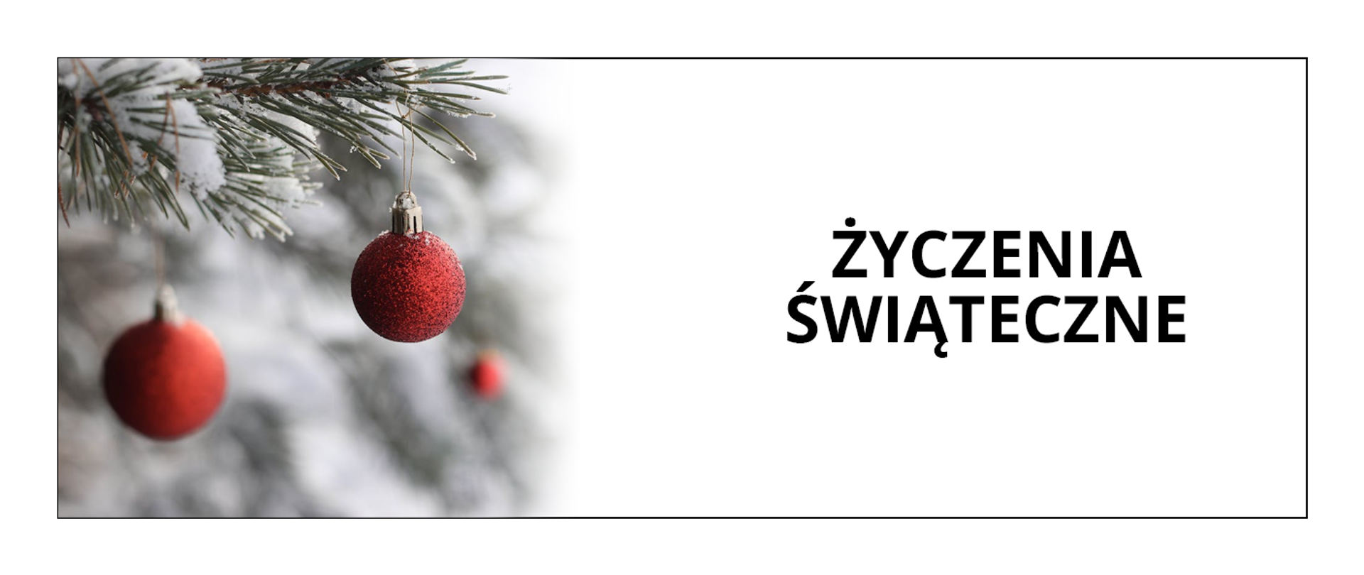 Grafika o białym tle, po lewej stronie znajduje się zdjęcie dwóch czerwonych bombek wiszących na zaśnieżonej gałązce choinki, po prawej stronie czarny napis: życzenia świąteczne