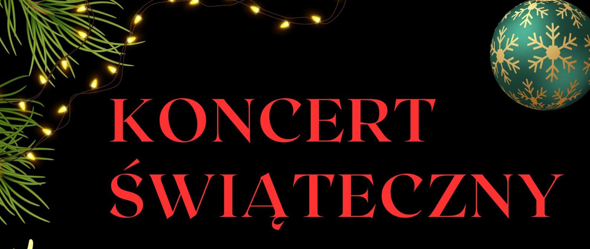 Na czarnym tle napisy z informacją o koncercie. Obwód plakatu ozdobiony ornamentem z zielonych igieł. Po lewej stronie ikono-grafika z reniferem w kolorze złotym, po prawej bombka choinkowa. W dolnej części logo szkoły.