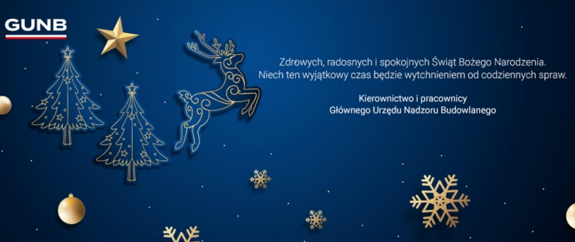 Grafika świąteczna z napisem: „Zdrowych, radosnych i spokojnych Świąt Bożego Narodzenia. Niech ten wyjątkowy czas będzie wytchnieniem od codziennych spraw. Kierownictwo i pracownicy Głównego Urzędu Nadzoru Budowlanego”; tło granatowe z choinkami, gwiazdkami i reniferem.
