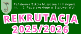 Plakat promujący rekrutację do Państwowej Szkoły Muzycznej I i II stopnia im. Ignacego Jana Paderewskiego w Stalowej Woli na rok szkolny 2025/2026. W centralnej części znajduje się duży, wyróżniony nagłówek: „REKRUTACJA 2025/2026”, poniżej informacja o Dniu Otwartym zaplanowanym na 29 kwietnia 2025 (wtorek) o godz. 17:00. Podano terminy egzaminów wstępnych: 20–21 maja 2025 roku. Plakat zawiera również dane kontaktowe szkoły: adres – ul. Narutowicza 11, 37-450 Stalowa Wola, telefon do sekretariatu – 15 842 11 31 oraz numer komórkowy 785 421 131. Wskazano adres internetowy szkoły: www.gov.pl/web/psmstalowawola z informacją, że szczegóły dostępne są w zakładce „Dla Ucznia”. Tło plakatu ma jasną kolorystykę z graficznymi elementami nawiązującymi do muzyki – znajdują się na nim symbole nutowe oraz ilustracja instrumentów. Estetyka jest nowoczesna, przyjazna i przejrzysta, dostosowana do dzieci, młodzieży i ich rodziców.