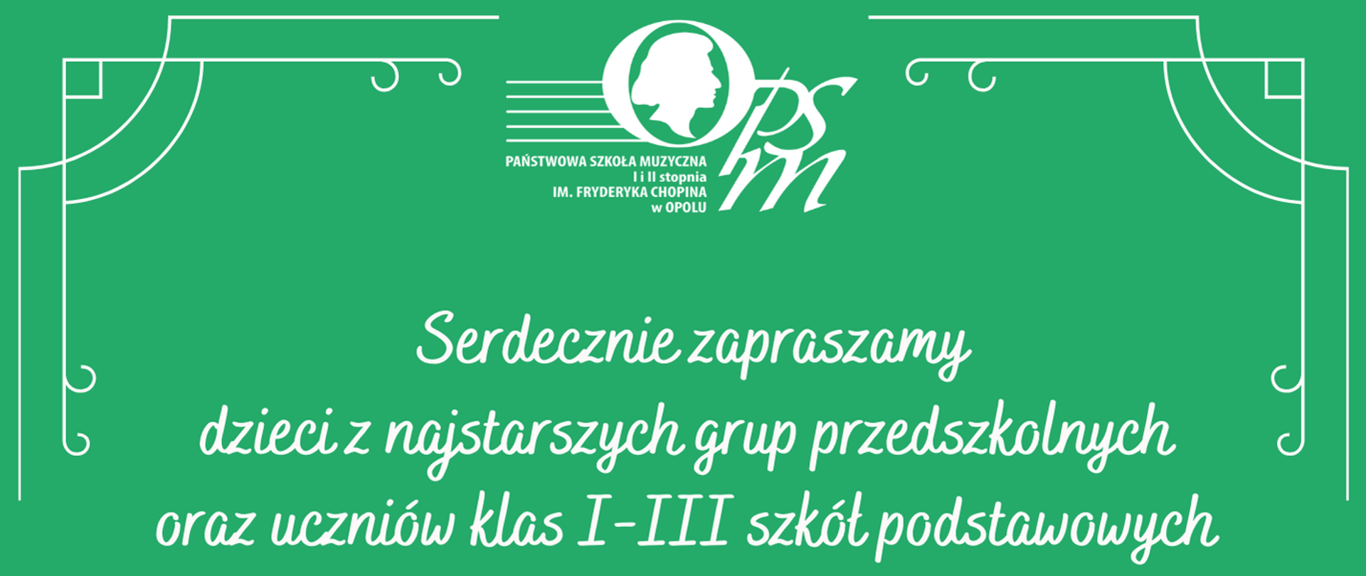 w dolnej części zielone nuty i klucz wiolinowy w trzech białych kołach, w górnej części białe logo szkoły muzycznej, w centralnej części szczegółowe informacje na temat wydarzenia