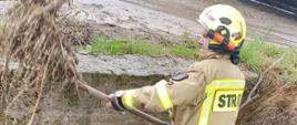 strażak stojący w rowie, udrażniający przepust drogowy