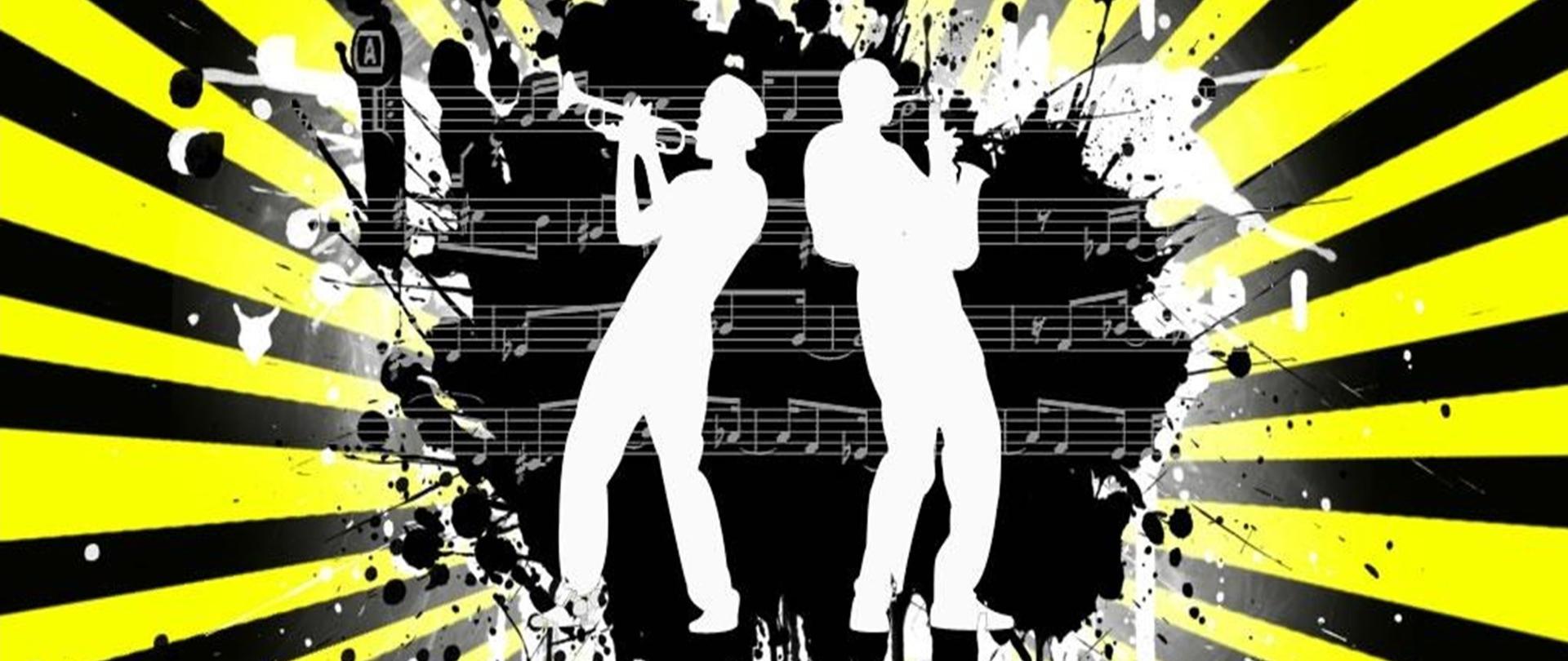 Plakat koncertu „XV Młodzieżowe Inspiracje Muzyczne Ełk 2025” ma dynamiczny i kontrastowy wygląd. Górna część plakatu jest czarna, z białym napisem zapisanym odręcznym, stylizowanym fontem.
Środkowa część przedstawia dwóch muzyków w białym kolorze – jeden gra na trąbce, drugi na saksofonie. Ich sylwetki są umieszczone na tle czarnej plamy atramentu, z której wyłaniają się nuty zapisane na pięciolinii. Całość otacza promienisty wzór żółto-czarnych pasów, przypominających efekt rozbłysku światła, a także rozpryski farby, dodające plakatowi ekspresji.
Dolna część plakatu jest jaskrawożółta z czarnym tekstem informacyjnym o koncercie. Podkreślony nagłówek „KONCERT” wyróżnia się większą czcionką. Poniżej podano miejsce wydarzenia – Zespół Państwowych Szkół Muzycznych w Ełku, ul. Armii Krajowej 21, datę i godzinę: 1 kwietnia 2025, godz. 16:00 oraz informację, że wstęp jest wolny.
Plakat łączy elementy nowoczesnego designu z muzycznym motywem, przyciągając uwagę kontrastowymi kolorami i energicznym stylem.