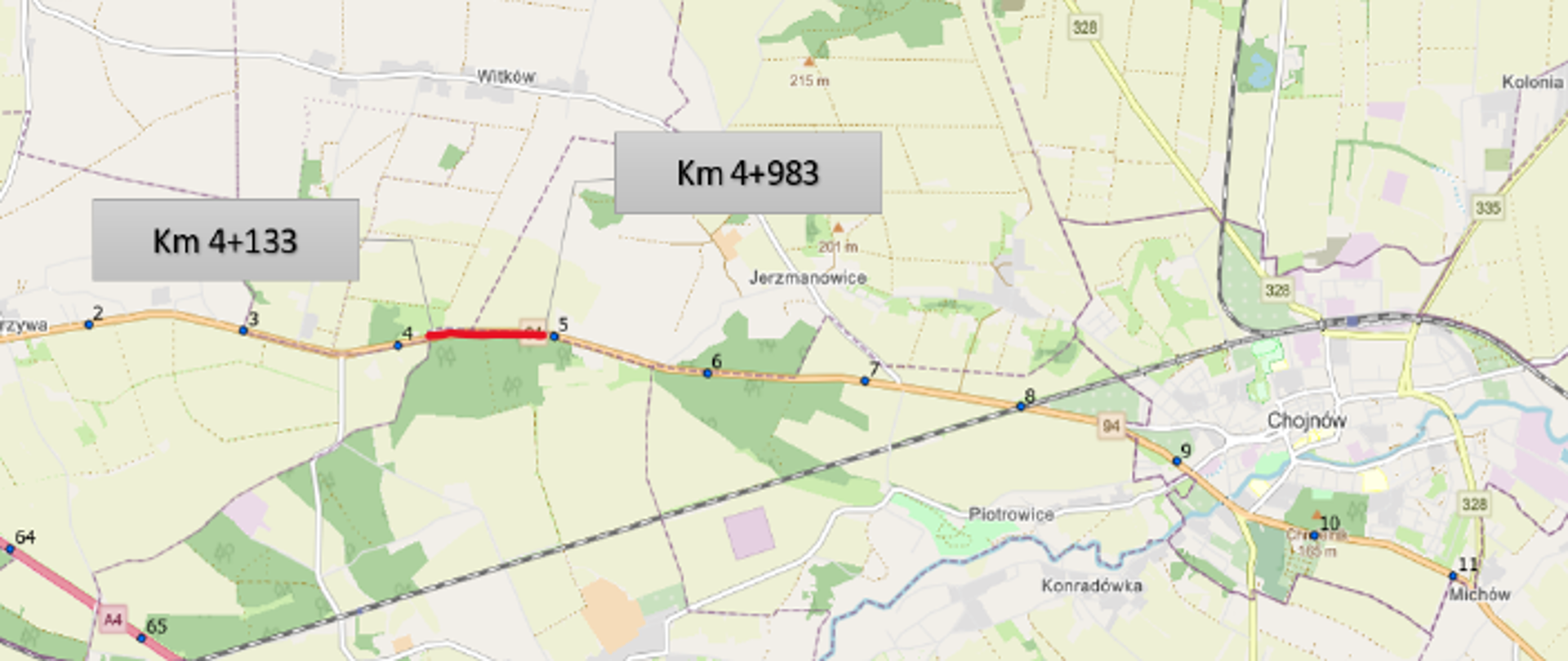 Mapa poglądowa - odcinek DK94 Krzywa - Jerzmanowice