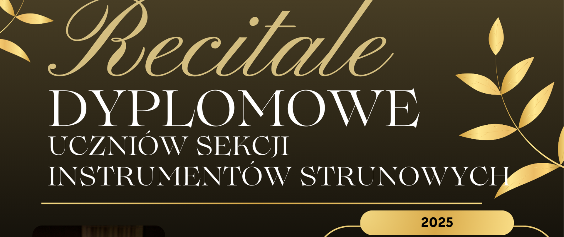 Plakat informujący o recitalach dyplomowych uczniów sekcji instrumentów strunowych Państwowej Szkoły Muzycznej I i II stopnia im. Ignacego Jana Paderewskiego w Stalowej Woli, które odbędą się 28 maja 2025 roku w sali koncertowej. Wystąpią Kacper Dziopak (gitara, godz. 09:00, klasa mgr Grzegorza Wziątki), Zuzanna Krawiec (skrzypce, godz. 09:45, klasa mgr Małgorzaty Chojnackiej), Joanna Wargala (skrzypce, godz. 10:30, klasa mgr Adriana Małka) oraz Weronika Wróbel (wiolonczela, godz. 11:15, klasa mgr Macieja Lanca). Plakat utrzymany jest w eleganckiej czarno-złotej stylistyce ze zdjęciami wykonawców i dekoracyjnymi motywami liści.