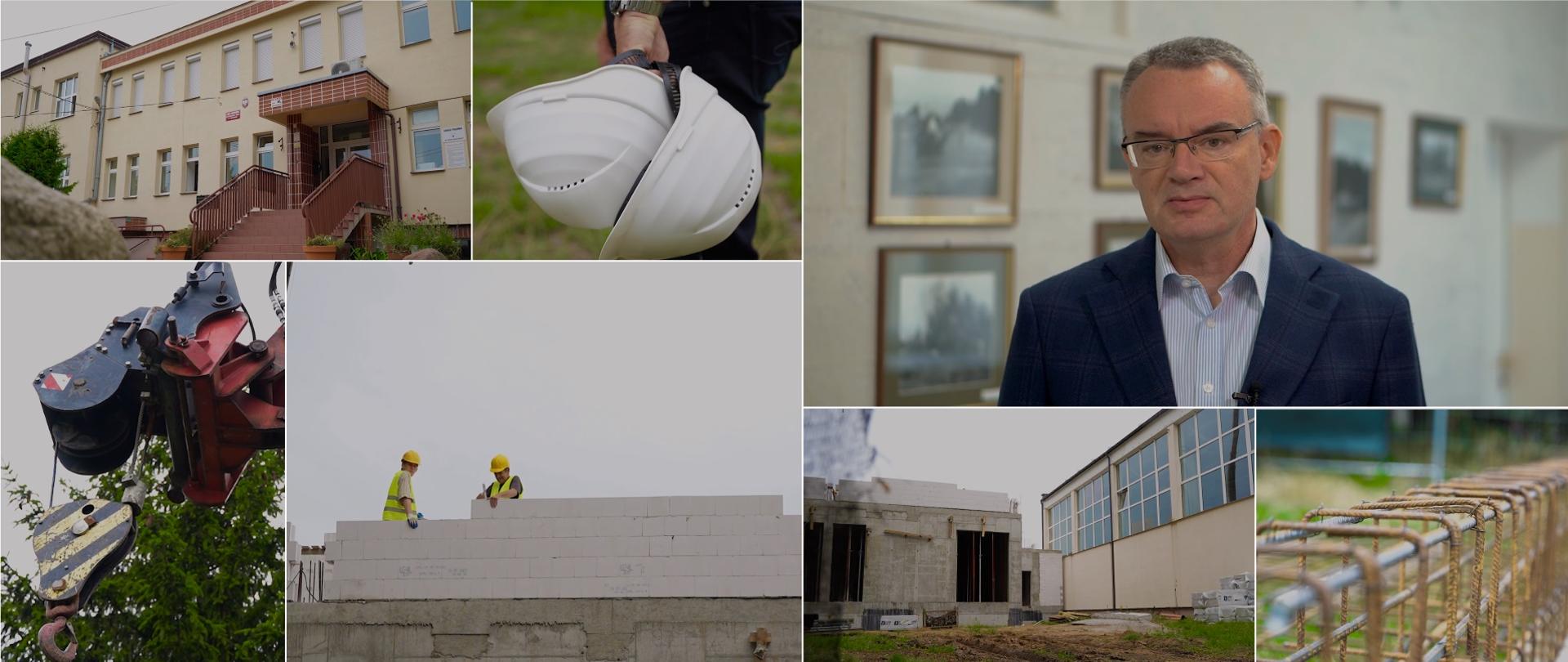 Kolaż kilku zdjęć pokazujących prace budowlane przy szkole.