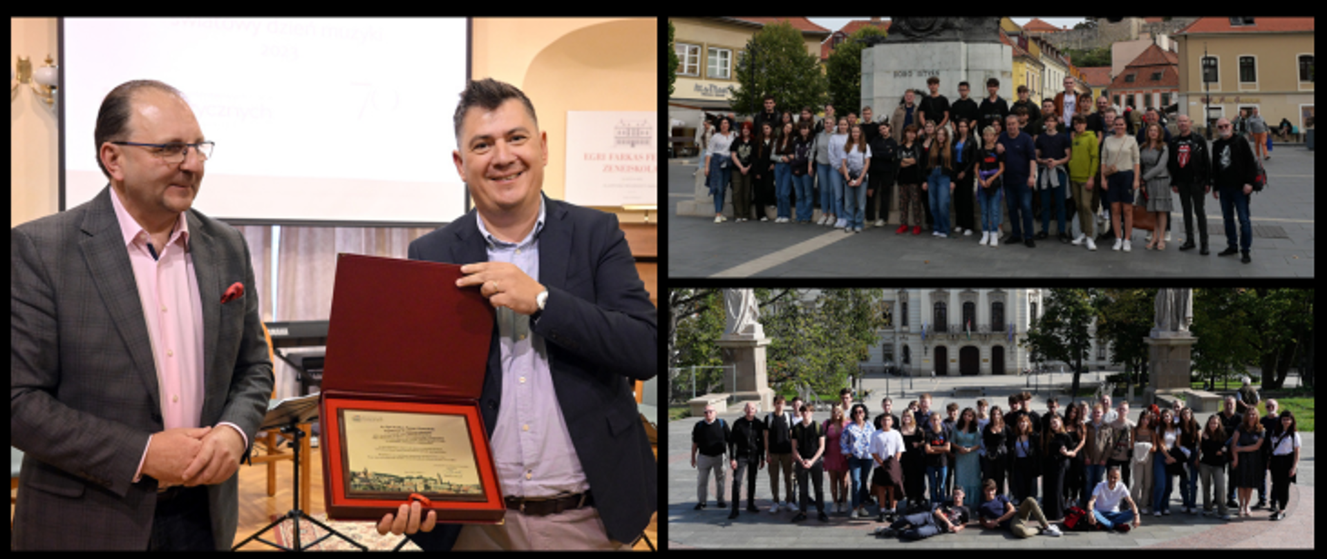 Grafika przedstawia zapowiedź relacji z wizyty uczniów i nauczycieli naszej szkoły w Szkole Muzycznej im. Ferenca Farkasa w Egerze. Zdjęcie po lewej: dyrektorzy szkół na oficjalnej przemowie w trakcie koncertu. Po lewej zdjęcia grupowe ze zwiedzania Egeru.