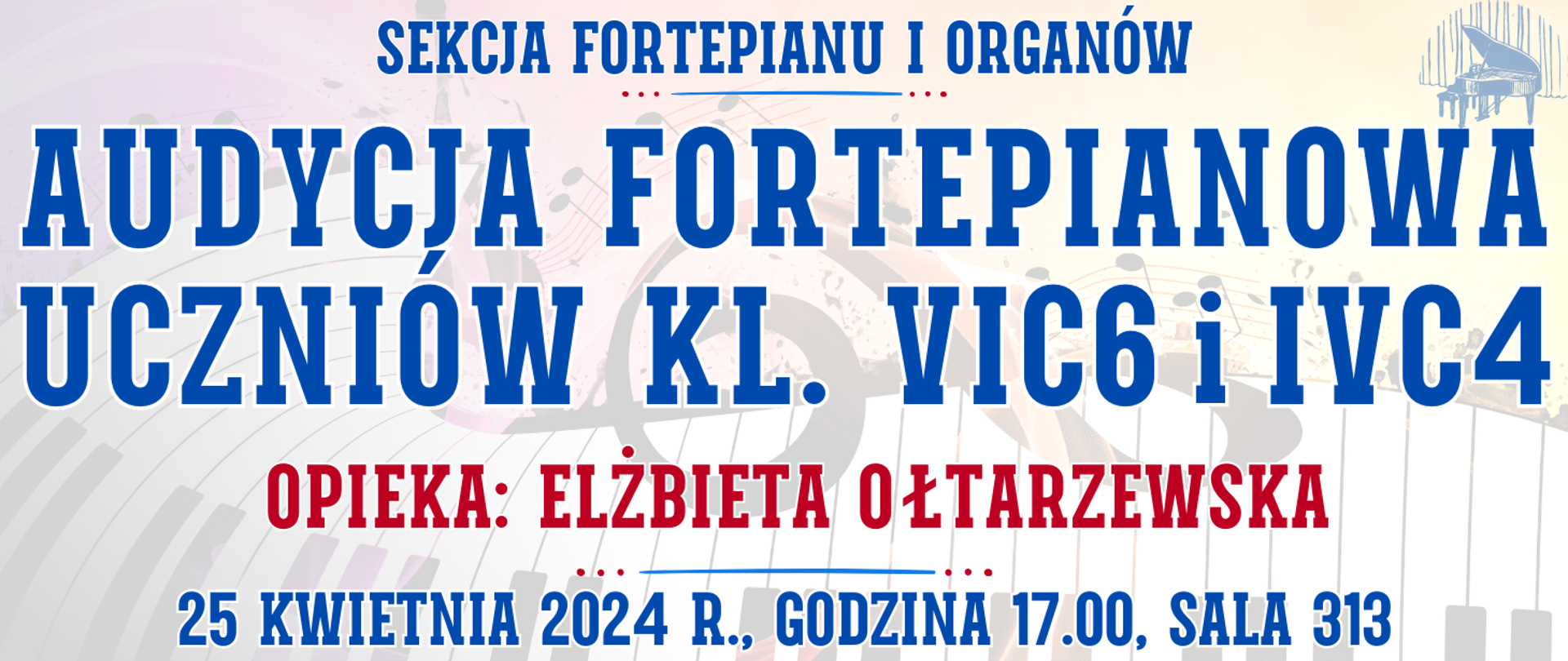 kolorowe tło z muzycznymi elementami typu clipart oraz informacja o wydarzeniu