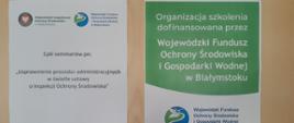 Plakaty zawieszone na drzwiach Sali konferencyjnej z tematem szkolenia oraz informacją dotyczącą źródła dofinansowania seminarium