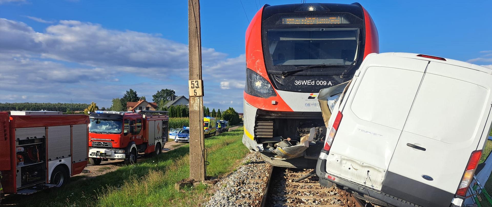 Na zdjęciu widać miejsce poważnego wypadku drogowo-kolejowego. Pociąg osobowy uderzył w biały samochód dostawczy, który znalazł się na torach. Pojazd został przyciśnięty do przodu pociągu i jest przechylony na bok. Na miejscu znajdują się służby ratunkowe – widać wozy strażackie, samochód policyjny oraz karetkę pogotowia stojące przy torach. Scena rozgrywa się w dzień, w pobliżu domów jednorodzinnych. 