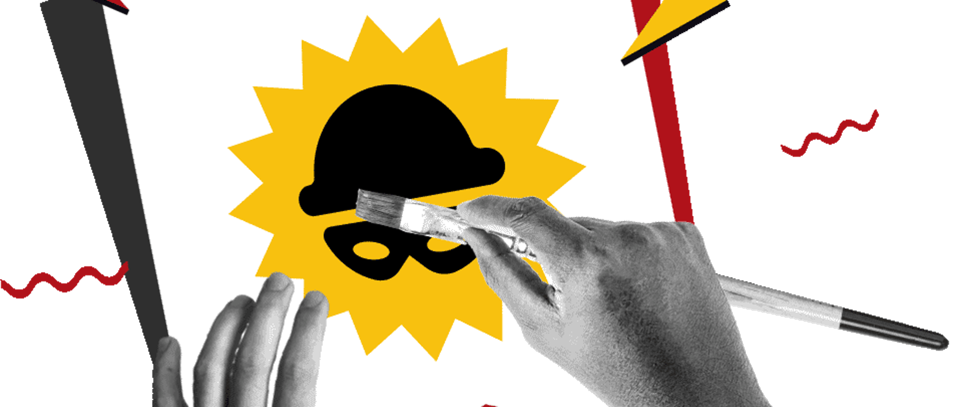 Dwie czarno-białe dłonie trzymają i malują pędzlem kartkę papieru z żółtym symbolem słońca, w którego środku znajduje się czarna ikona przedstawiająca osobę w kapeluszu i masce. W tle widać czerwoną i czarną kartkę oraz elementy graficzne — błyskawice i falujące linie w czerwonym kolorze.