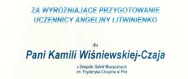 Na dyplomie widoczne imię i nazwisko pedagoga za wyróżniające przygotowanie do konkursu.