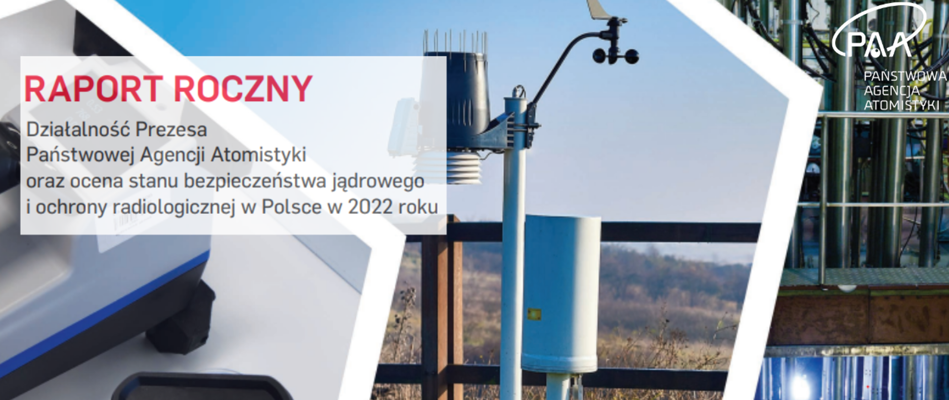 Kompilacja zdjęć przestawiających przyrządy dozymetryczne, stację wczesnego wykrywania skażeń promieniotwórczych oraz rdzeń reaktora Maria