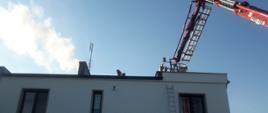 Budynek, podnośnik hydrauliczny, strażak na dachu