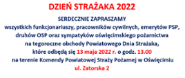 Zaproszenie na obchody dnia strażaka w KP PSP w Oświęcimiu