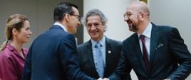 Premier Mateusz Morawiecki, premier Estonii Kaja Kallas, premier Słowenii Robert Golob, i przewodniczący Rady Europejskiej Charles Michel przed posiedzeniem RE w Brukseli.