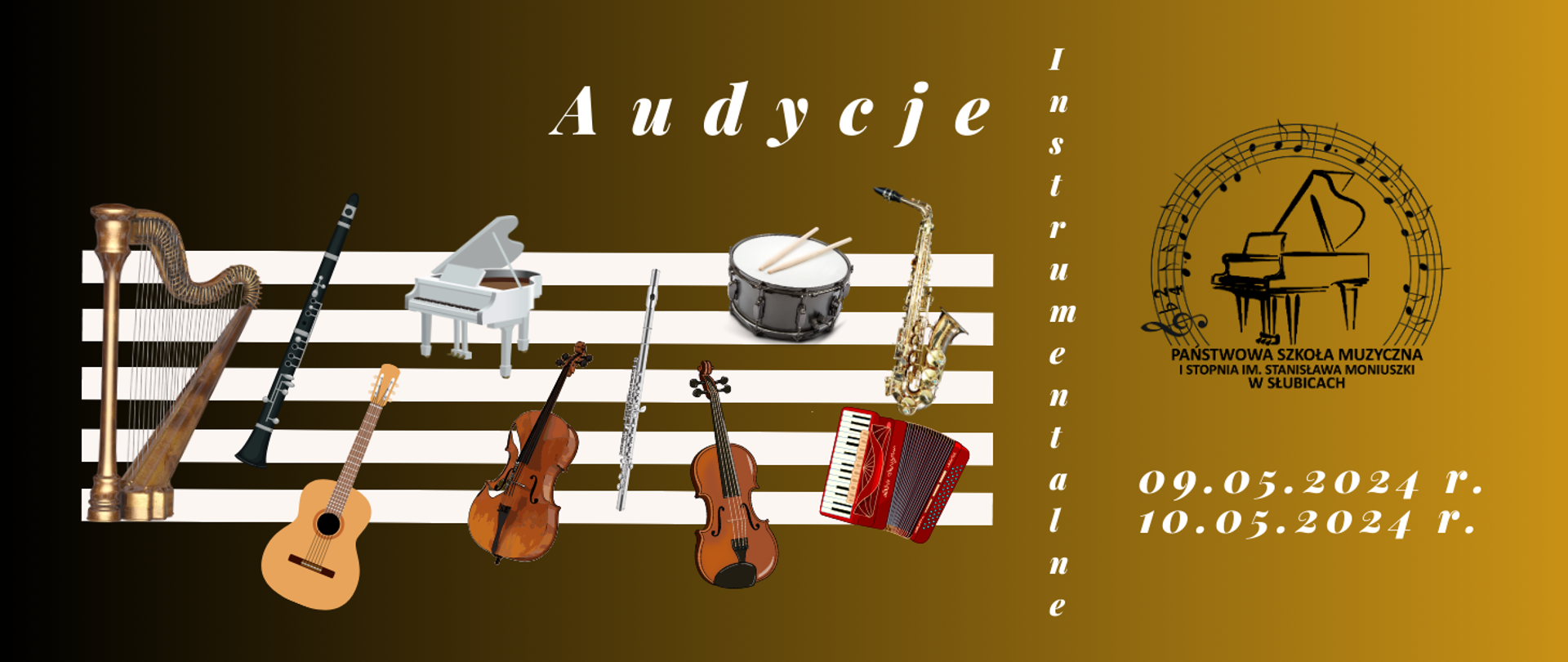 Plakat zapowiadający audycje, na żółtym tle miniaturowe zdjęcia instrumentów muzycznych oraz logo szkoły, ponadto data i godzina audycji.