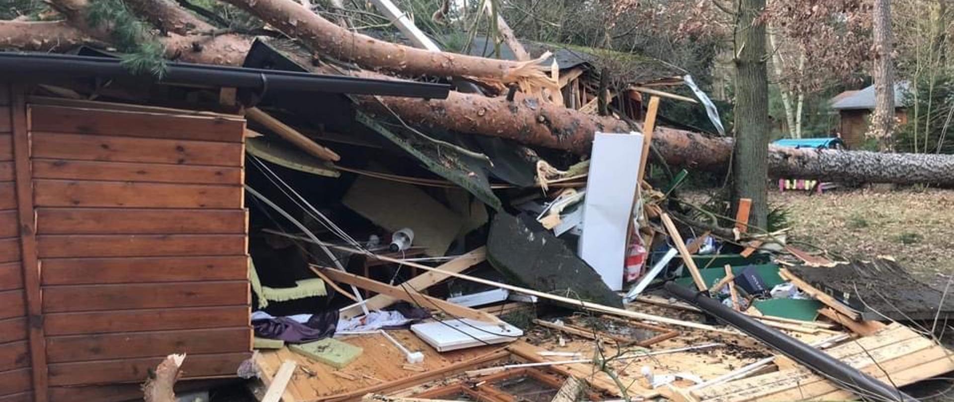 Zniszczony przez upadające drzewo domek letniskowy