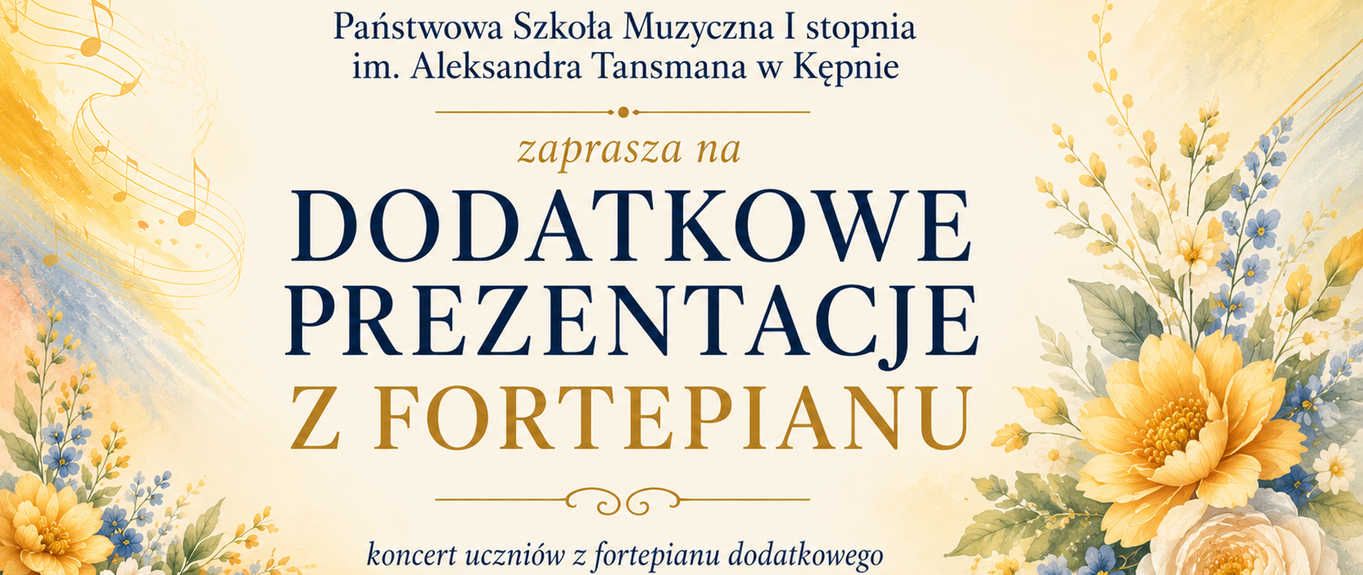 Slajd zapowiadający koncert „Dodatkowe prezentacje z fortepianu” uczniów fortepianu dodatkowego Państwowej Szkoły Muzycznej I stopnia im. Aleksandra Tansmana w Kępnie. Projekt utrzymany jest w eleganckim, subtelnym i wiosennym stylu. Tło ma jasny, kremowy kolor z delikatnymi akwarelowymi pociągnięciami pędzla w odcieniach złota i błękitu. W centralnej części znajduje się duży napis „Dodatkowe prezentacje z fortepianu”, zapisany granatową i złotą czcionką o klasycznym charakterze. Nad tytułem umieszczono nazwę szkoły oraz napis „zaprasza na”, a poniżej dopisek „koncert uczniów z fortepianu dodatkowego”. Po obu stronach slajdu znajdują się dekoracyjne kompozycje kwiatowe z żółtych, kremowych i niebieskich kwiatów oraz zielonych liści, wykonane w akwarelowym stylu. Lewy górny róg zdobi subtelny motyw pięciolinii z nutami. 