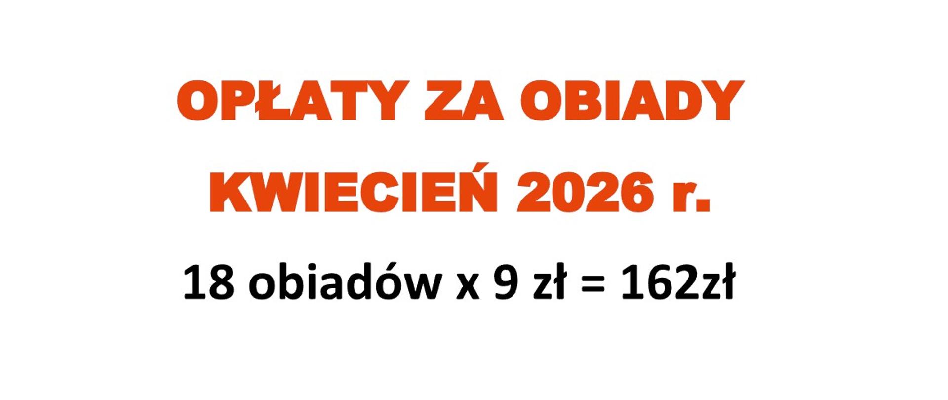 Opłaty za obiady w miesiącu kwiecień 2026