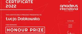 Dyplom Nagrody Honorowej dla Łucji Dąbkowskiej w Międzynarodowym Konkursie Pianistycznym "Amadeus" , 01.11.2022 r.