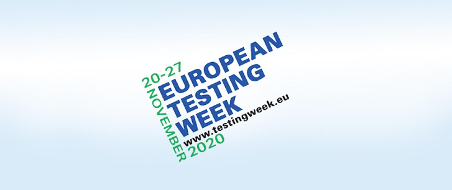 Wyrazy poukładane pionowo i poziomo informujące o Europejskim Tygodniu Testowania w dniach 20-27 listopada.
