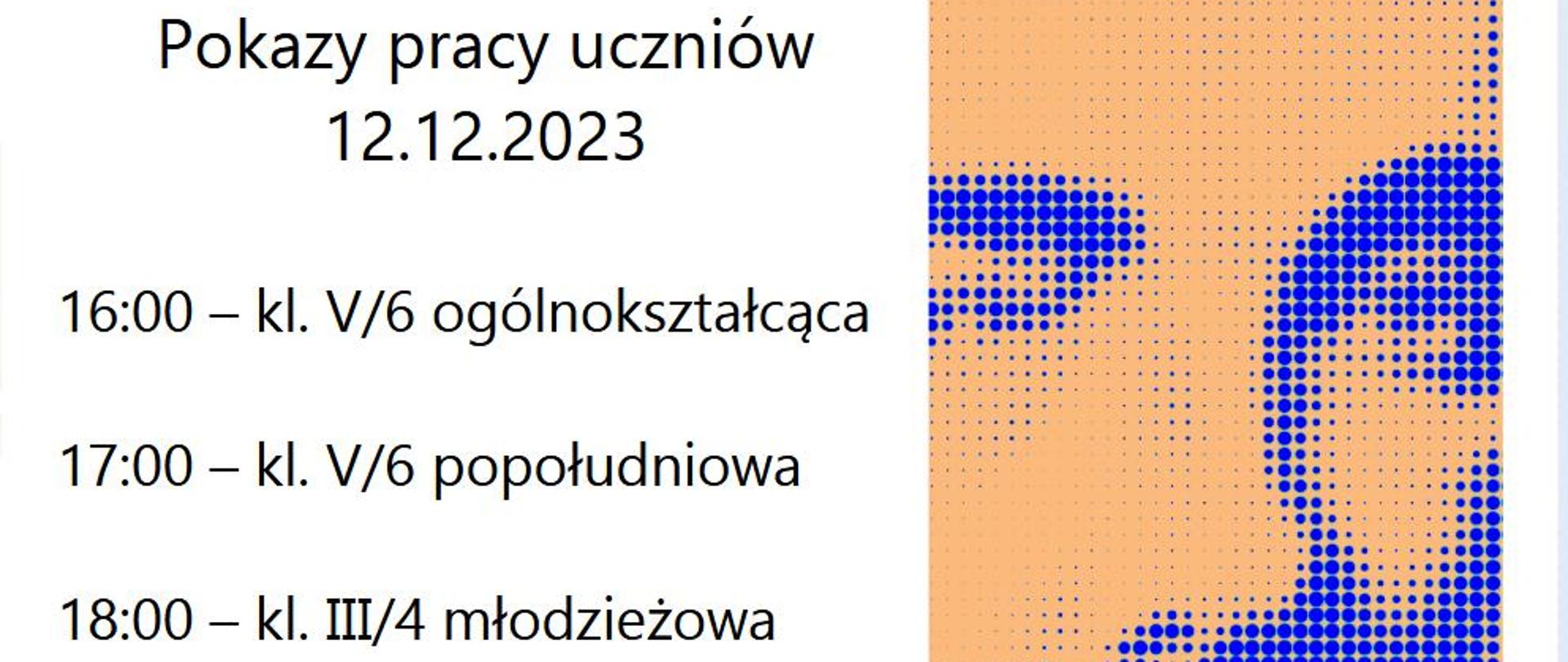 Afisz z wizerunkiem Karola Szymanowskiego zawierający zaproszenie na pokazy pracy pracy 12.12.2023. O godzinie 16:00 wystąpią uczniowie klasy V/6 ogólnokształcącej, o 17:00 V/6 popołudniowej, o 18:00 III/4 młodzieżowej. Logotyp szkoły u dołu.