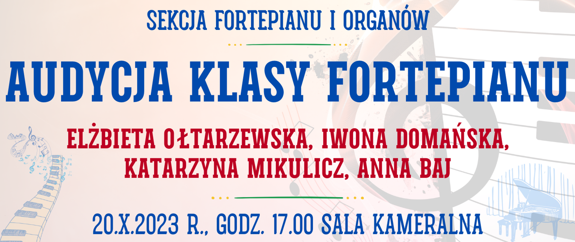 kolorowe tło z muzycznymi elementami typu clipart oraz informacja o wydarzeniu