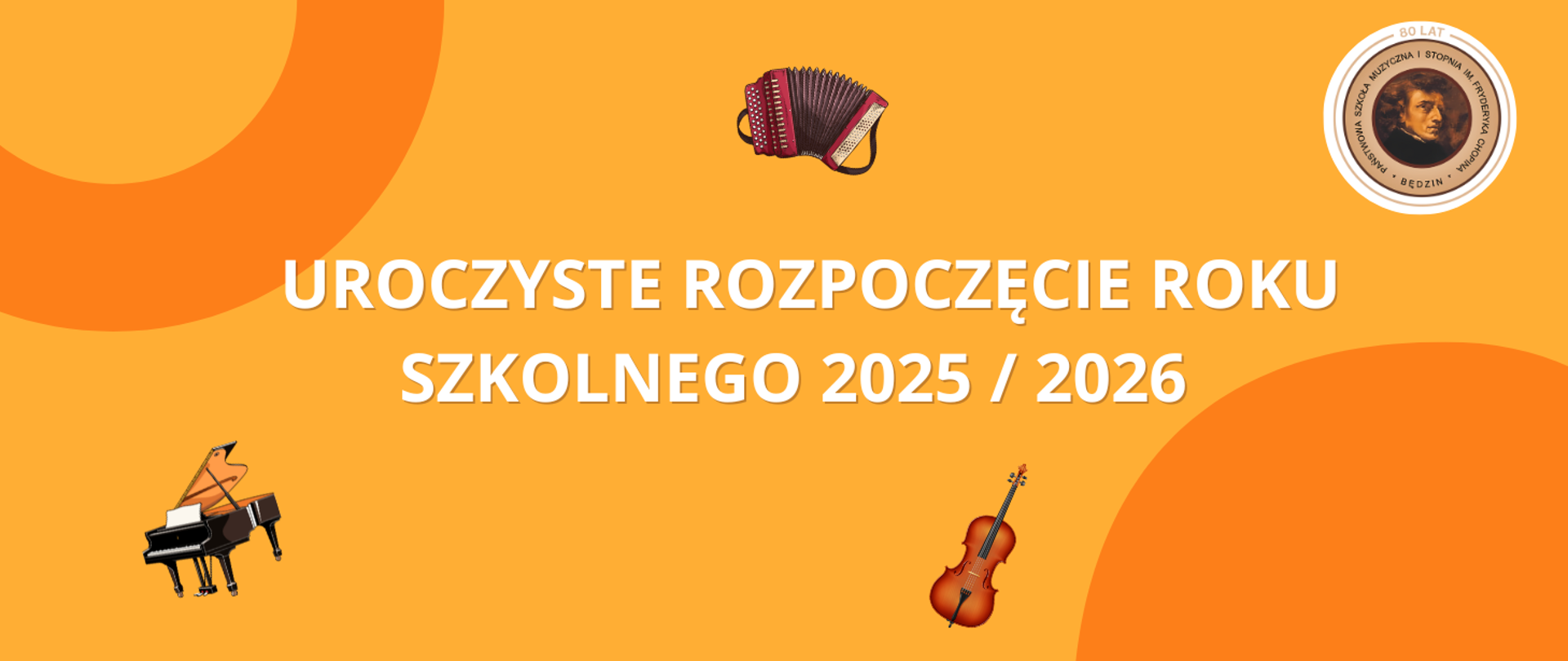 baner na pomarańczowym tle, na środku napis, po bokach ikony instrumentów