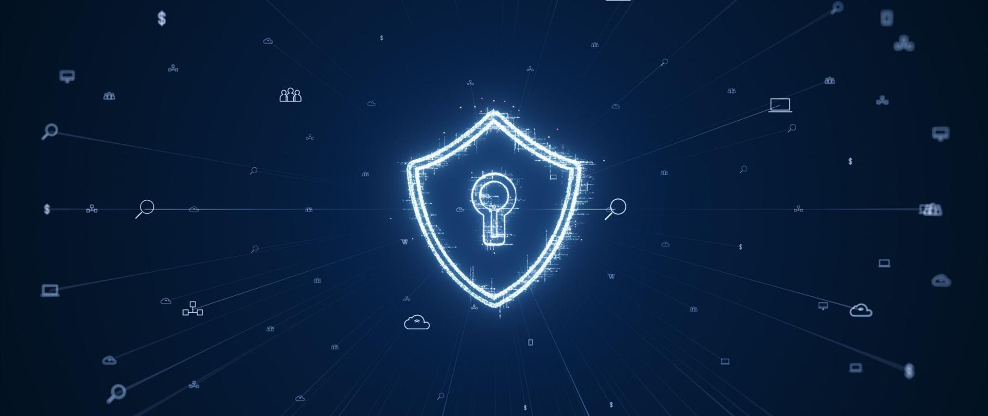 Granatowa grafika. Na środku ikona przedstawiająca tarczę chroniącą.