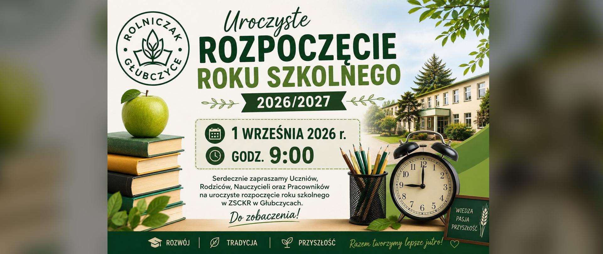 Plakat w kolorystyce zielono - beżowej, informujący o dacie i godzinie rozpoczęcia roku szkolnego 2026/2027