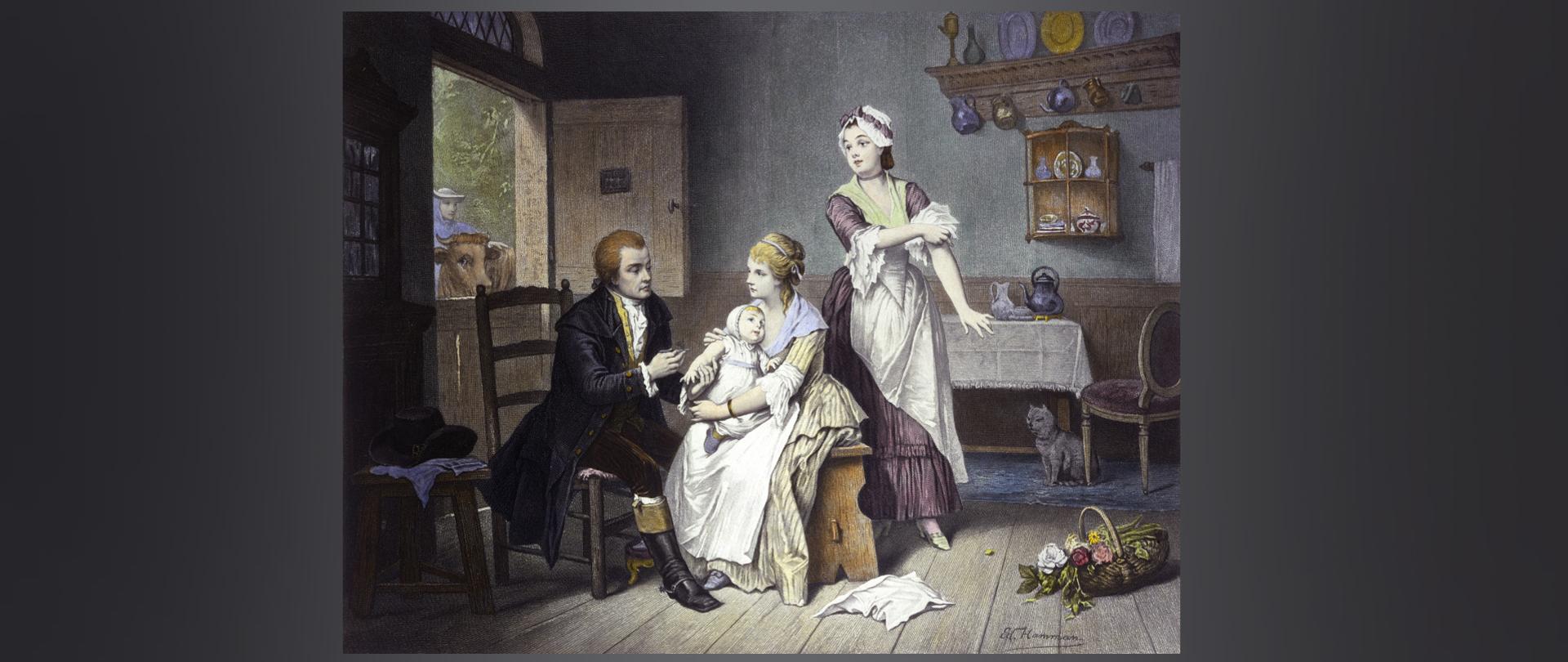 Edward Jenner, szczepiący swoje małe dziecko, trzymane przez panią Jenner; pokojówka podwija ​​rękaw, na zewnątrz stoi mężczyzna trzymający krowę. Kolorowa grawerunek autorstwa C. Manigauda wg E Hammana
