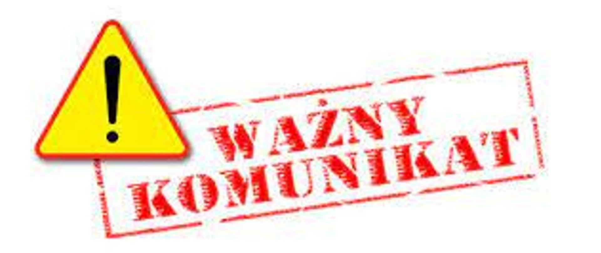 Znak z wykrzyknikiem czarnym na żółtym w tle w tle napis czerwony ważny komunikat 