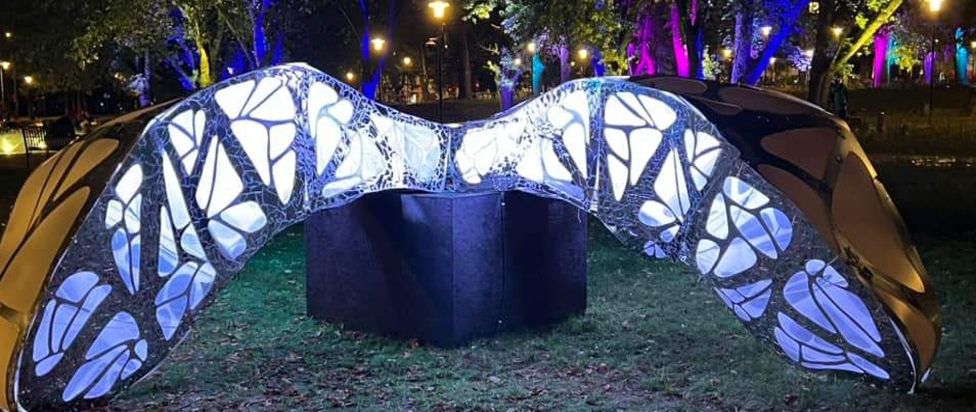 Na zdjęciu czteroelementowa struktura przedstawiająca skrzydła motyla. Struktura została podświetlona od wewnątrz