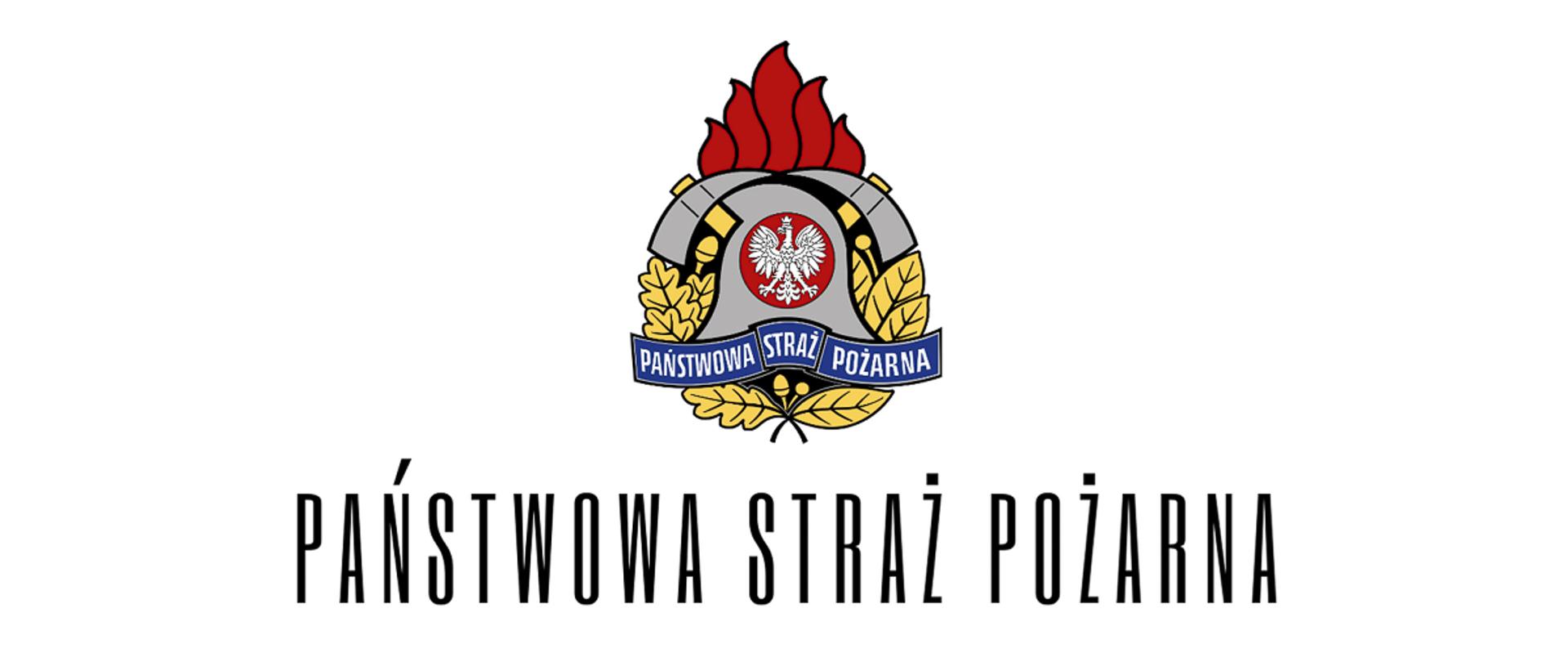 Na fotografii widnieje logotyp Państwowej Straży Pożarnej. Ma on kształt hełmu wraz z toporkami.