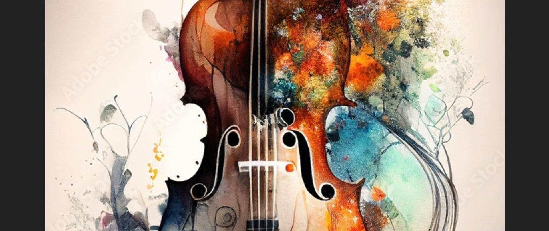 Plakat w pionie informujący o popisie uczniów klasy skrzypiec p.Agaty Laskowskiej, który odbędzie się 20.05.2025r. o godz. 17.00. Plakat w kolorystyce ciemnej. Po środku plakatu kolorowa grafika skrzypiec, lekko rozmyte kolorowe plamy. U góry z lewej strony logo szkoły oraz nazwa. Na dole data i godzina wydarzenia.