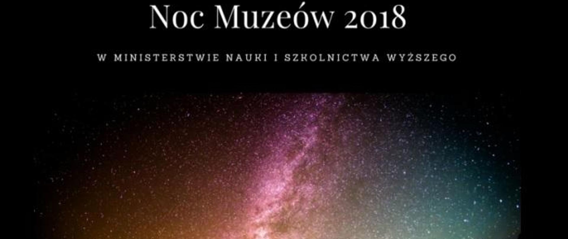 Grafika - rozgwieżdżone niebo i napis Noc Muzeów 2018
