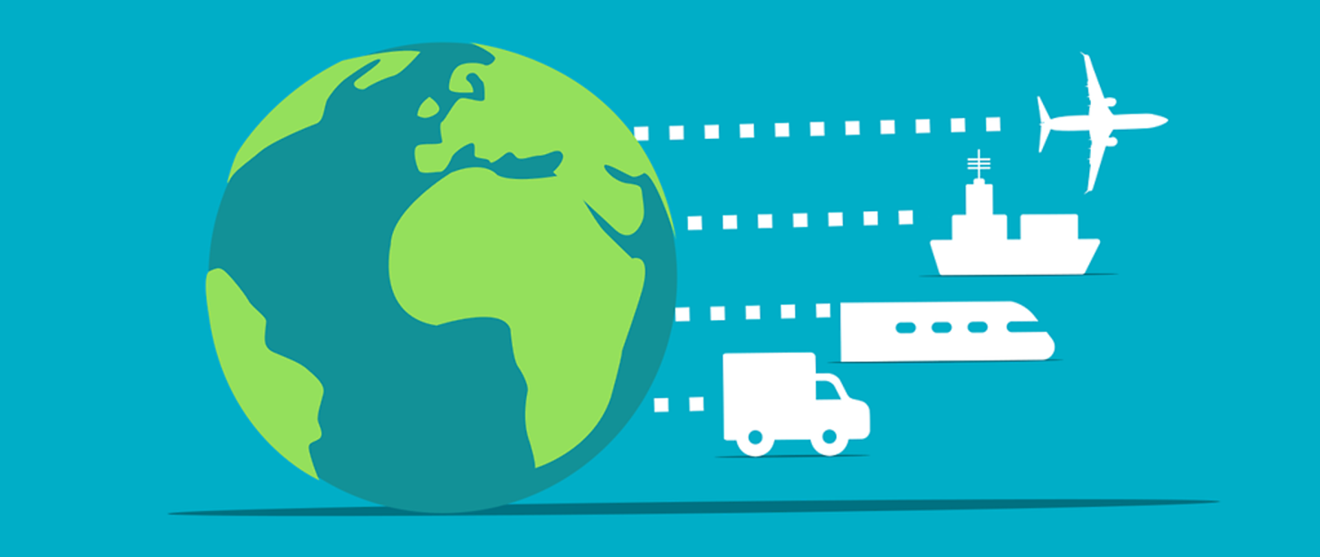 Grafika ilustracyjna przedstawiająca export - na rysunku widoczna kula ziemska i środki transportu: samolot, statek, pociąg, tir.
