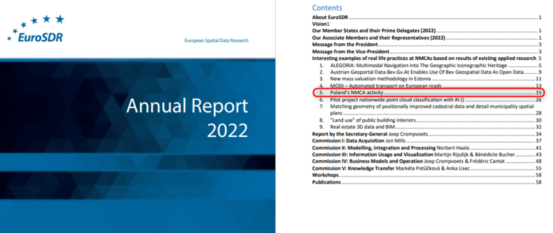 Zrzut przedstawia okładkę i spis treści Rocznego Raportu EuroSDR 
