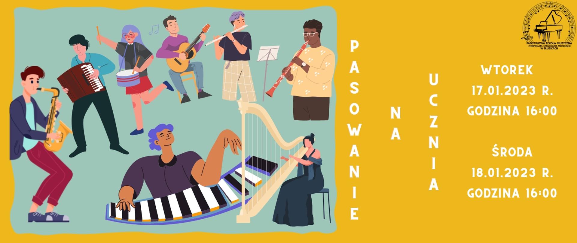 Grafika zapowiadająca pasowanie na ucznia w dniach 17 i 18 stycznia 2023r. Na seledynowym tle rysunek dzieci grających na różnych instrumentach muzycznych oraz na żółtym tle logo szkoły i treść opisująca datę i miejsce pasowania.