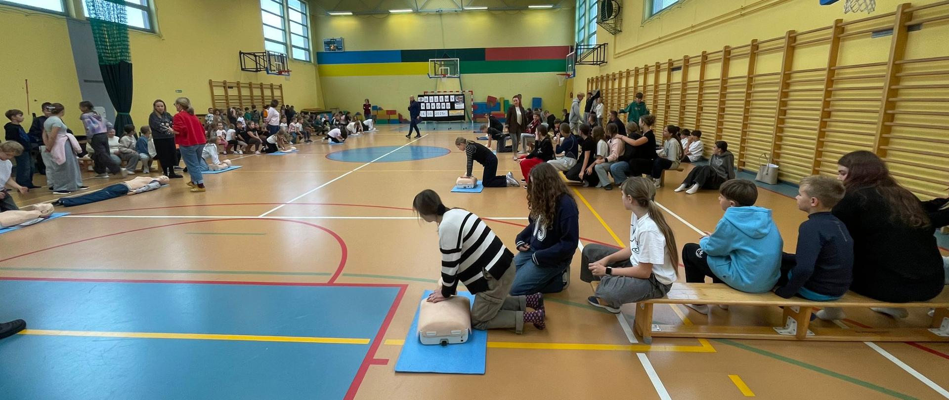 Sala sportowa w Masłowie. Uczniowie biją rekord w jednoczesnym prowadzeniu RKO na manekinach ułożonych dookoła sali. Aklcję nadzorują nauczyciele. Uczniowie oczekujący na swoja kolejkę siedzą na ławkach. 