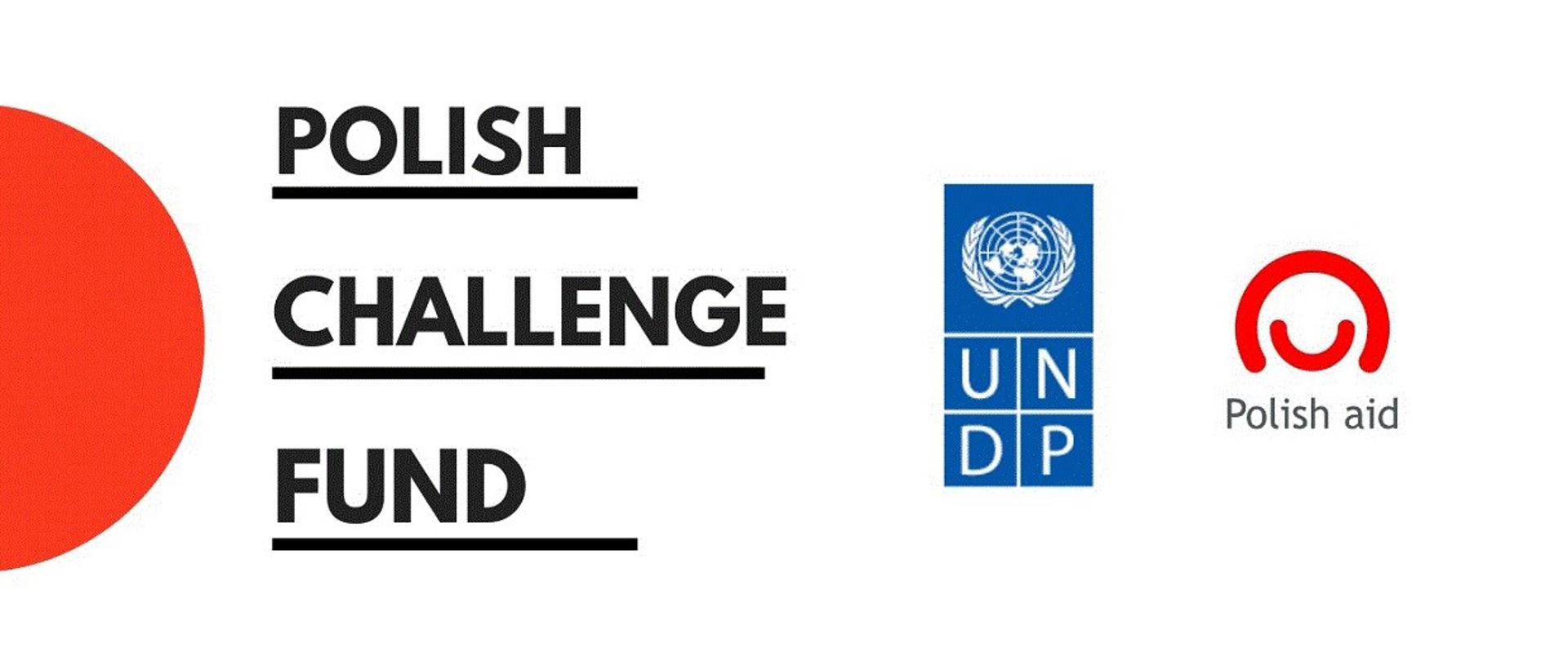 połowa koła koloru pomarańczowego wraz z napisami: Polish Challenge Fund i UNDP i Polish Aid