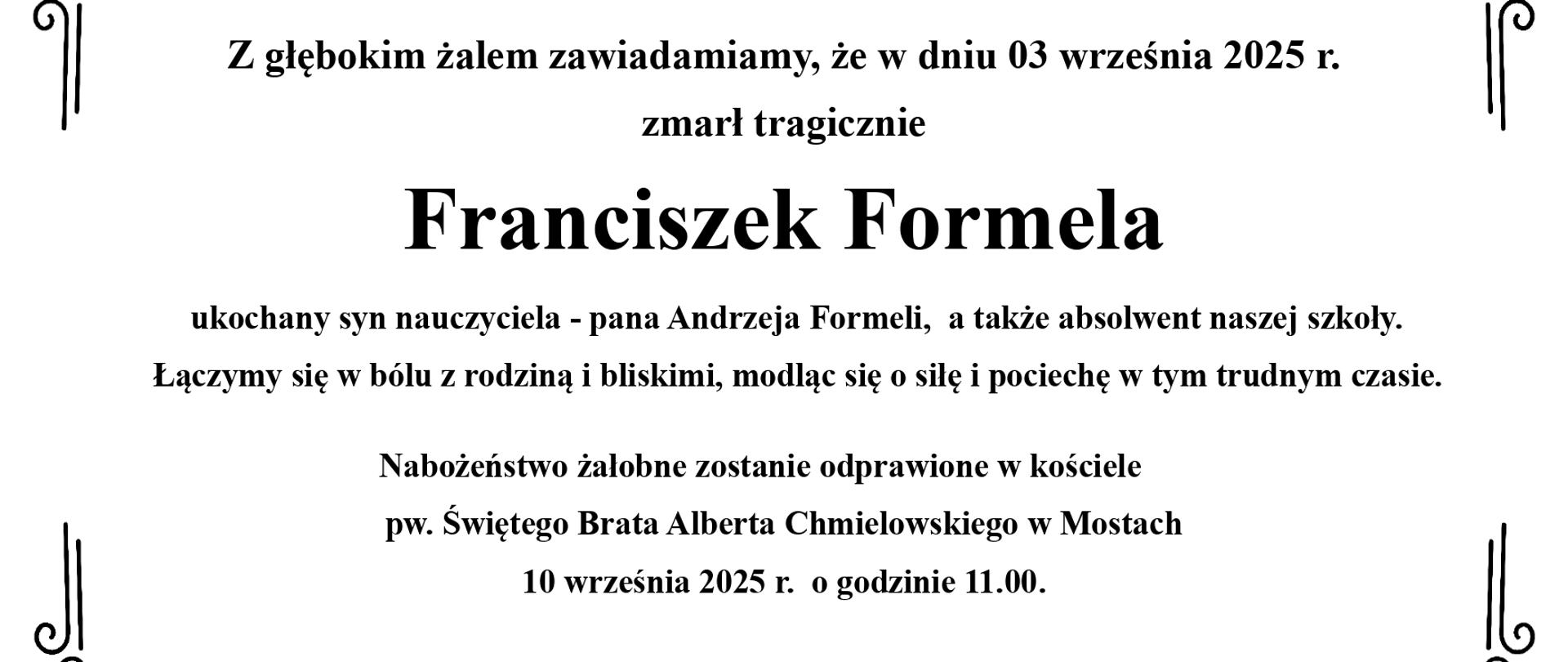 Klepsydra - grafika informująca i śmierci Franciszka Formeli - absolwenta szkoły i syna nauczyciela gry na akordeonie.