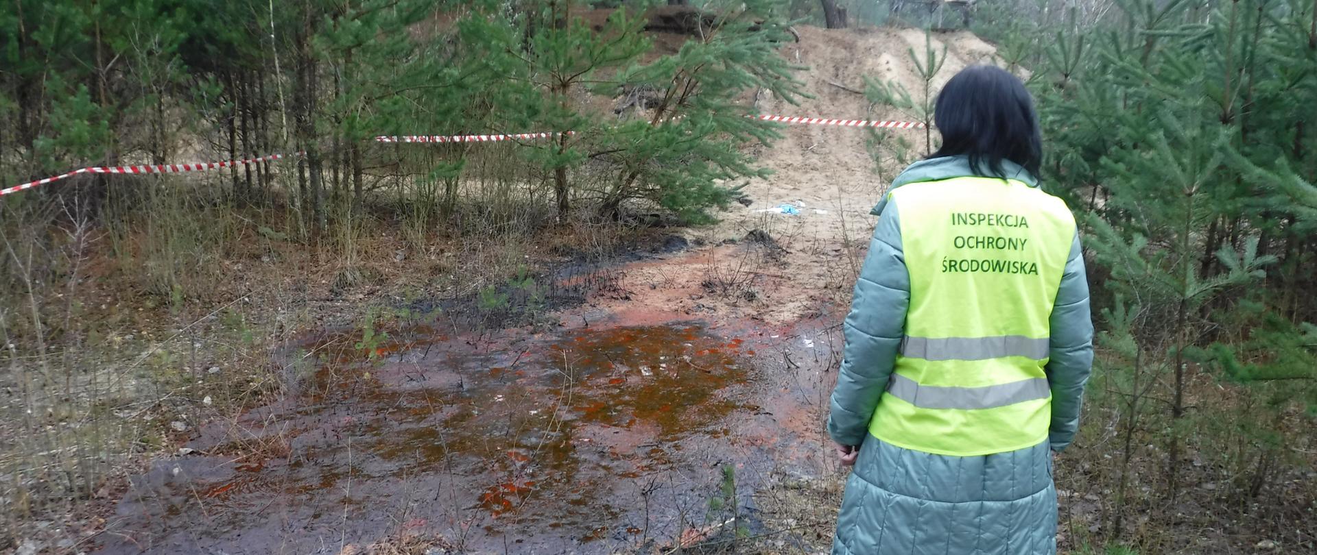 Inspektor Wojewódzkiego Inspektoratu Ochrony Środowiska w Warszawie stojąc prowadzi czynności: dokonuje oględzin miejsca nielegalnego wylania odpadów na leśny grunt 