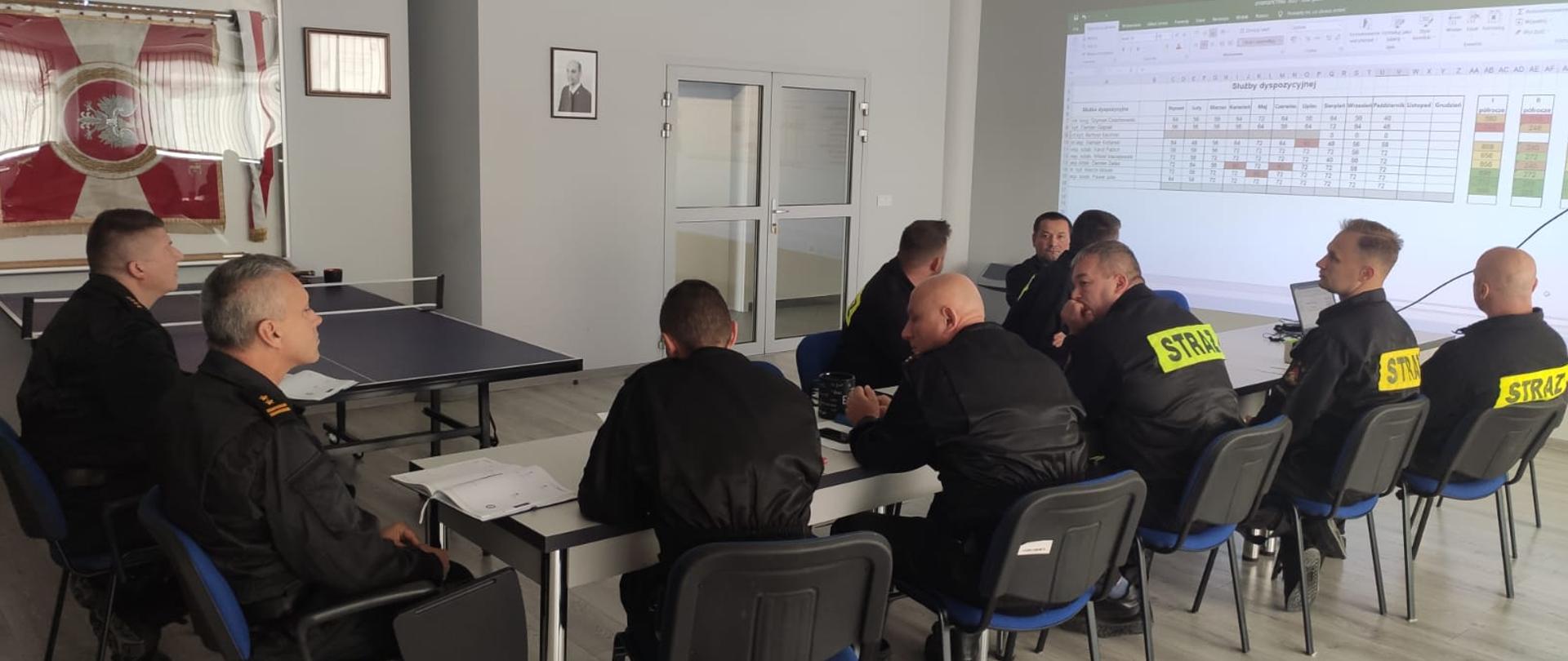 Zdjęcie przedstawia strażaków podczas odprawy służbowej JRG. Pracom przewodzi Komendant Powiatowy PSP w Wolsztynie.